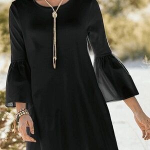 Peruvian Connection Black Boatneck Flare Cuff Knee Length Dress Size Small